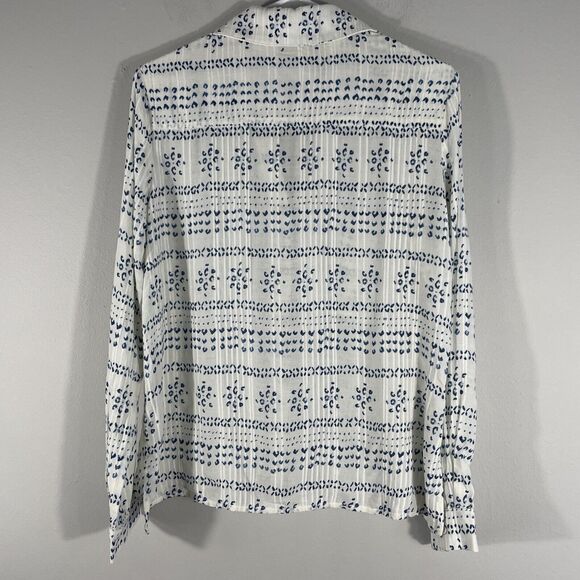 En Creme Women’s XS Button Front Cream Blue Boho Print Tunic Top Long Sleeve - Picture 3 of 10